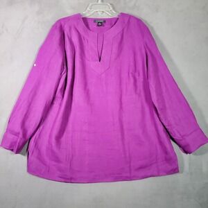 Lauren Ralph Lauren‎ Shirt Womens 1X Purple 100% Linen Tunic Roll Tab Minimalist